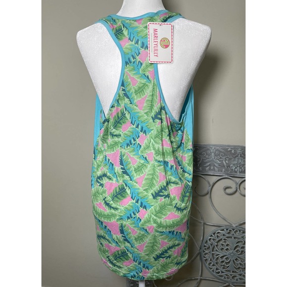 Marley Lilly NWT Woman’s Tropical Palm Tree Tank Blue Green Pink Large L/XL - Picture 3 of 7